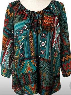 Scully Boho Aztec Tunic Blouse L Teal Multicolor Peasant Top Western Boho Resort
